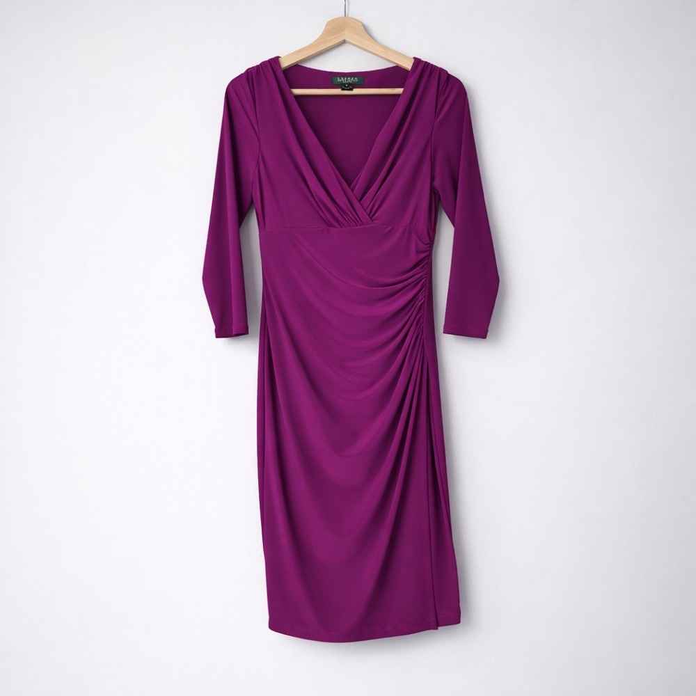 Lauren Ralph Lauren Magenta Purple Faux Wrap Ruched Dress 3/4 Sleeve Size